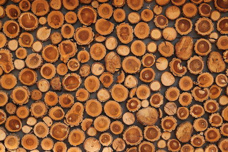 different round wooden disks as a background on a boardの写真素材