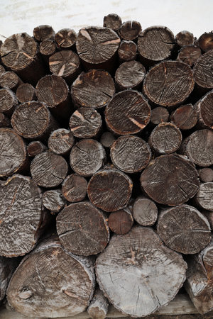 different round wooden disks as a background on a boardの写真素材