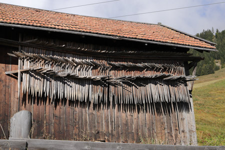 an old little crooked hut in the alpsの写真素材