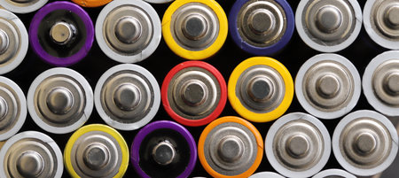 many round batteries and one red batteryの写真素材