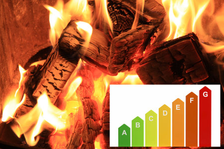Energy label and fireplace with pellets and thermostat