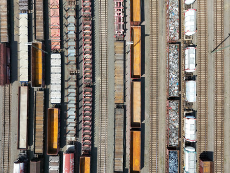 a freight station with many trains - aerial viewの写真素材