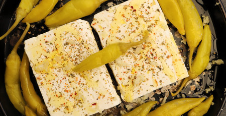 Baked feta cheese with pepperoni and onionsの写真素材