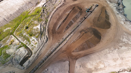 Aerial View of Open-Pit Mining Operation with Conveyor System â€“ Industrial Extraction and...