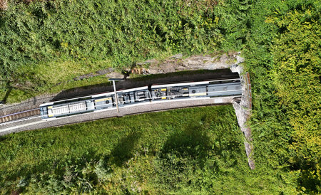 Aerial View of Train Passing Through Green Swiss Countryside
