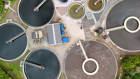 Aerial View of Modern Wastewater Treatment Plant with Circular Clarifiers