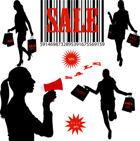women doing shopping with word \"SALE\" on their bagsのイラスト素材