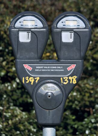 Parking meter with bush in the backgroundの写真素材
