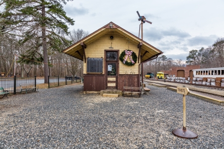An old historic train station at Allaire Village in New Jersey, USA. Allaire village was an old colonial bog iron community.のeditorial素材