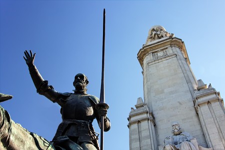 Fragment of Miguel de Cervantes monument - Don Quixote, Plaza de Espana, Madridの写真素材