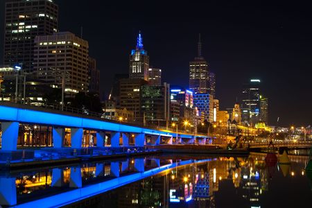 Downtown of Melbourne at night, Yarra riverの写真素材