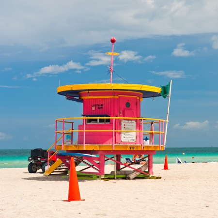 Lifeguard stand, South Beach, Miami, Floridaの写真素材