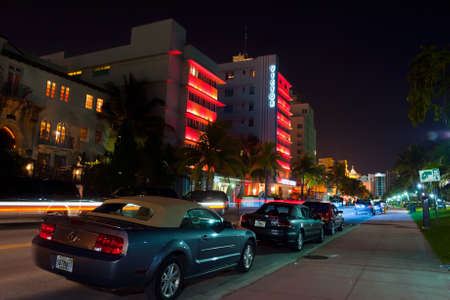 MIAMI BEACH - JULY 2009: Night view on Ocean drive, Miami Beach, Florida. Art Deco Night-Life in South Beach is one of the main tourist attractions in Miami.のeditorial素材