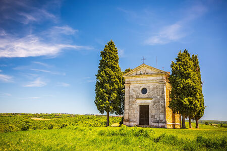 Beautiful landscape with chapel in Tuscany, Italyの写真素材