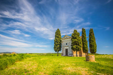 Beautiful landscape with chapel in Tuscany, Italyの写真素材