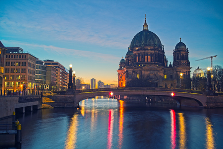 Berlin Cathedral on Spree river at night, Berlin, Germanyの写真素材