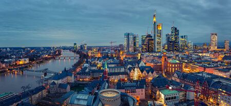 Panoramic view on Frankfurt am Main at dusk, Germanyの写真素材