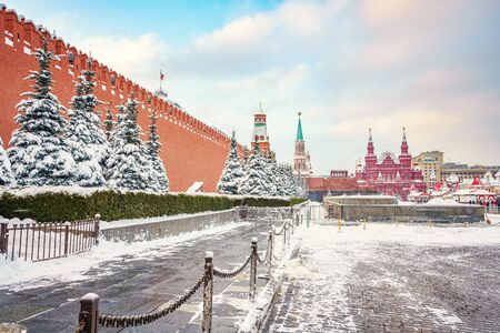 View on red square and kremlin in Moscow at winter snowy day, Russiaの写真素材