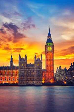 Big Ben and westminster bridge at dusk in Londonの写真素材