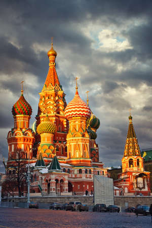 St. Basils Cathedral in Moscow over stormy sky, Russiaのeditorial素材
