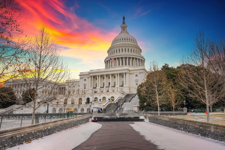 Winter in Washington DC: US Capitol at winter sunsetの写真素材