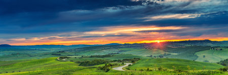 Beautiful Tuscany panoramic landscape at sunrise, Italyの写真素材