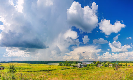 Panoramic view on rural landscape at sunny summer dayの写真素材