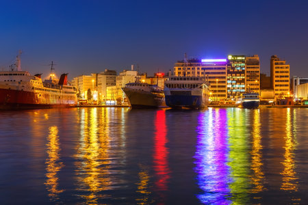 Port Piraeus in Athens, Greece at nightの写真素材