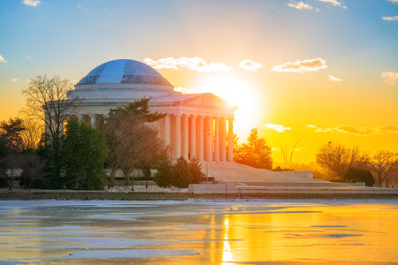 Winter in Washington DC: Jefferson Memoriall at sunsetの写真素材