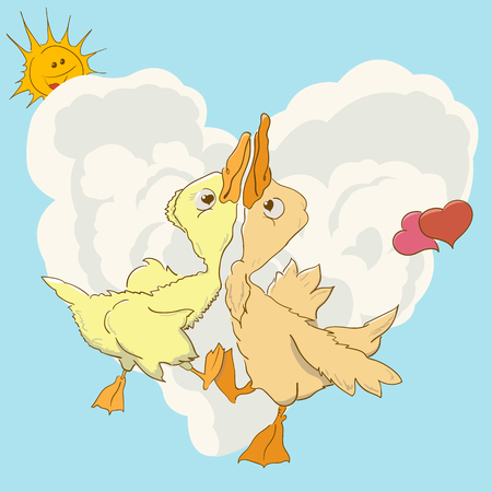 Vector illustration of two ducks swirl in love danceのイラスト素材
