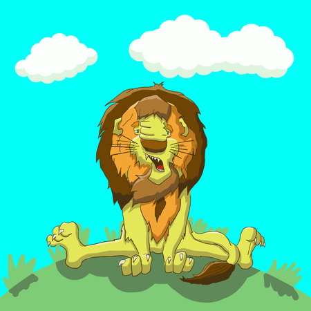 Vector illustration tired lion sitting on the lawnのイラスト素材