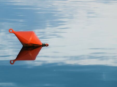 Single red buoy on a calm sea surface.の写真素材