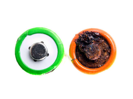 Macro view of positive polarity sides of two batteries, old and new...の写真素材