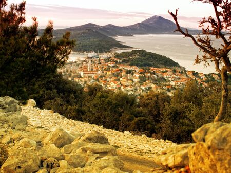 Panoramic view in the evening of a town known as Mali Losinj, Croatia.の写真素材