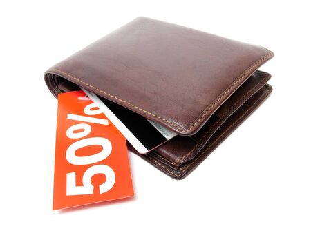 Wallet with a discount label on a white background.の写真素材