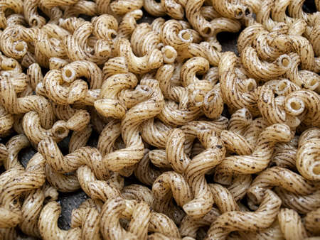 Closeup view of macaroni with black truffle pesto...