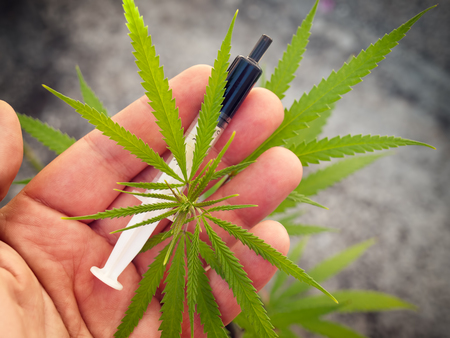 Syringe with Cannabis or Hemp oil on a palm.の写真素材