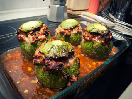 Fresh round zucchini filled with tuna and cheese.の写真素材