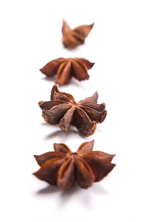 Row of star anise on a white backgroundの写真素材