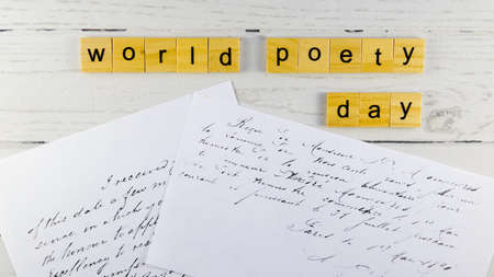 World Poetry Day.words from wooden cubes with lettersの写真素材