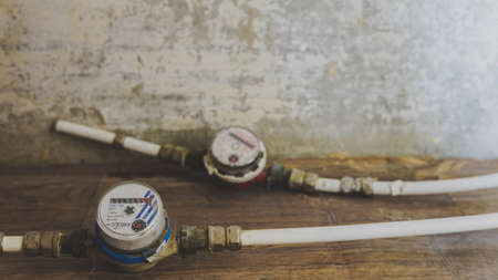 old water meters, placite pipes. Plumbing equipment.