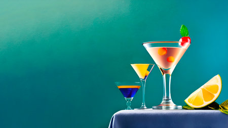 Cocktails in martini glasses on a blue tablecloth and green backgroundの素材