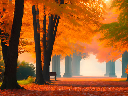 Autumn in the park with bench and trees in foggy morningの素材