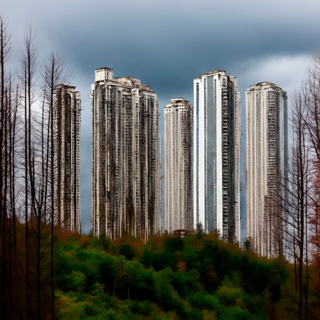 abandoned high-rise buildings in the forest, life after the disappearance of people. Generative AI illustrationの素材