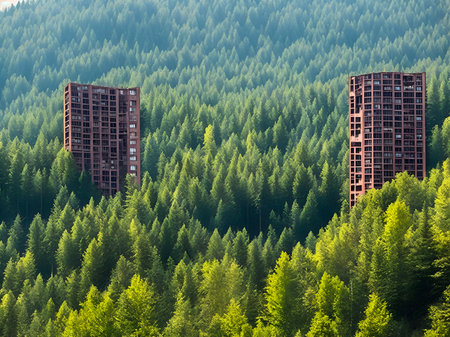 abandoned high-rise buildings in the forest, life after the disappearance of people. Generative AI illustrationの素材