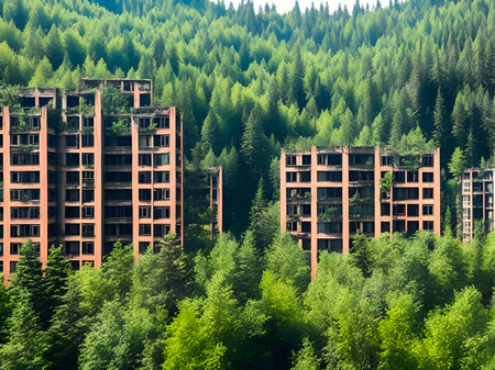 abandoned high-rise buildings in the forest, life after the disappearance of people. Generative AI illustrationの素材