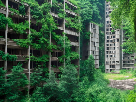 abandoned high-rise buildings in the forest, life after the disappearance of people. Generative AI illustrationの素材