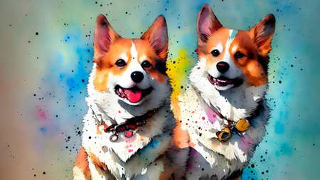 digital painting. dog on the background of the streets, wet on wet technique, ink watercolor sketch, ink splatter,generative AIの素材