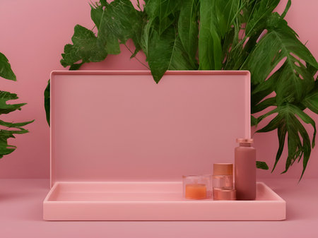 Realistic 3D rendering of an empty shiny light pink tray in front of an empty pastel pink wall with beautiful plants, sunlight, leaf shadow, skincare,generative AIの素材