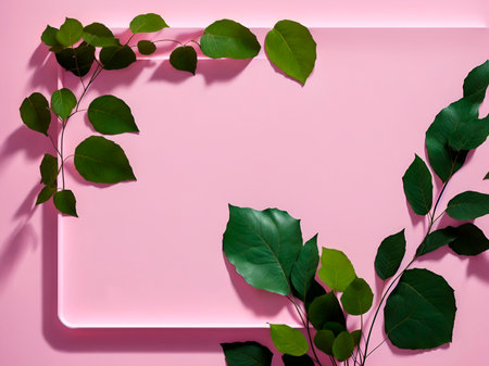 Creative layout made of green leaves on pink background. Flat lay, top view minimal concept.の素材